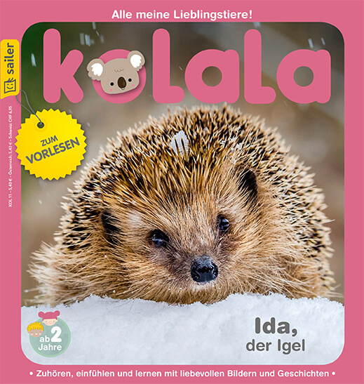 Ein buntes Zeitschriftencover mit einem Igel im Schnee als zentrales Bild. Oben der Titel 'kolala' mit einem kleinen Koala im Buchstaben 'o'. Links oben ein gelber Sticker mit der Aufschrift 'Zum Vorlesen'. Unten links ein Hinweis 'ab 2 Jahre'. Unten rechts der Titel 'Ida, der Igel'.