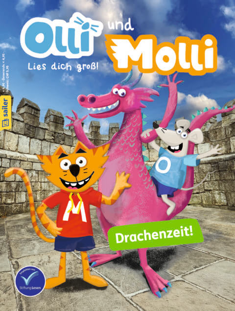 Titelbild eines Kindermagazins namens 'Olli und Molli', Ausgabe 04/2026. Auf dem Cover sieht man eine Zeichentrick-Katze, welche neben einem lila Drachen steht. Die Zeichentrick-Maus Olli sitzt auf diesem Drachen. Die drei Hauptfiguren winken fröhlich. Im Hintergrund ist eine Burgmauer zu sehen. Weiter unten findet man das Thema des Magazins: "Drachenzeit". 