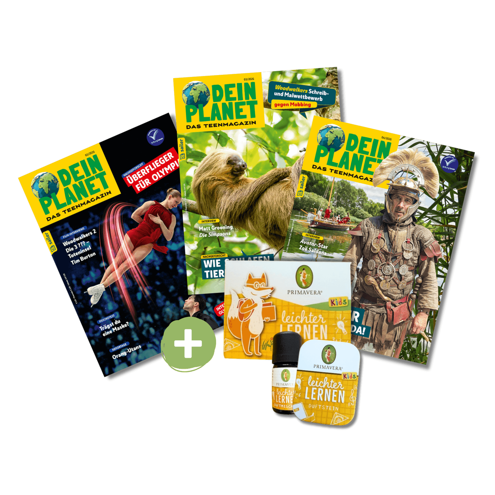 Das Bild zeigt mehrere Ausgaben des Magazins 'Dein Planet'. Eine Ausgabe hat einen Turner auf dem Cover, eine andere zeigt ein Faultier und eine weitere einen Mann in Abenteurerkleidung. Zusätzlich sind Produkte von Primavera abgebildet, darunter eine Verpackung und ein Flakon mit der Aufschrift 'leichter lernen'. Ein grünes Pluszeichen verbindet die Magazine und die Produkte.