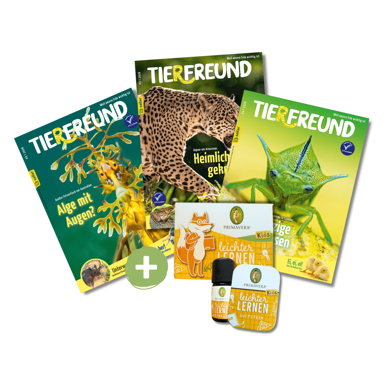 Drei Ausgaben des Magazins 'Tierfreund' mit verschiedenen Tiermotiven auf den Covern. Zusätzlich ein Duftset von Primavera Kids mit der Aufschrift 'leichter lernen'.