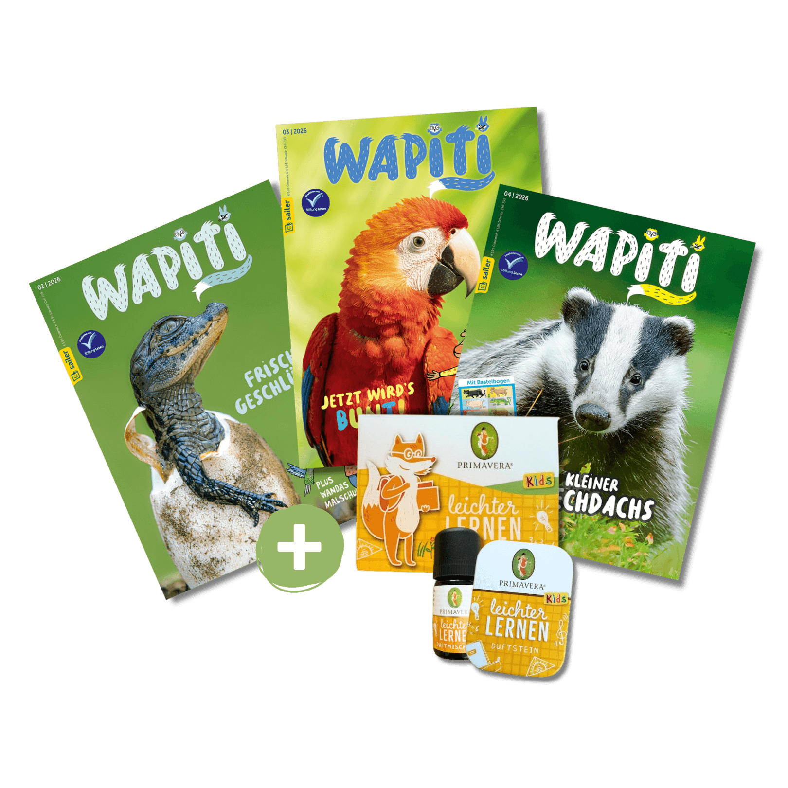 Sammlung von drei Wapiti-Zeitschriften mit Tiermotiven: ein Leguan, ein Papagei und ein Dachs. Dazu eine Packung Primavera Kids Produkte mit dem Titel 'leichter lernen', die ein Duftöl und einen Duftstein umfassen.