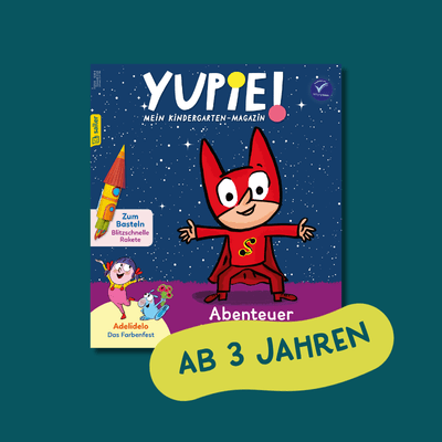 yupie-cover-0726 Titelbild des Magazins 'Yupie! Mein Kindergarten-Magazin' vom Sailer Verlag. Ein Comic-Charakter in einem roten Superheldenanzug steht vor einem blauen, mit Sternen übersäten Hintergrund. Unten rechts ist ein gelbes Label mit dem Text 'Ab 3 Jahren'.