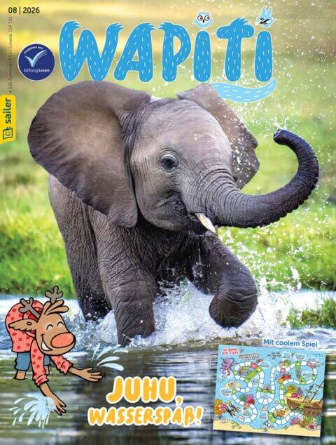 Titelbild einer Zeitschrift für Kinder namens 'Wapiti'. Im Vordergrund planscht ein junger Elefant fröhlich im Wasser, umgeben von Spritzern. Auf der linken unteren Ecke ist eine Zeichnung eines lachenden Elchs in roter Kleidung, der ebenfalls im Wasser spielt. Darunter steht der Text 'JUHU, WASSERSPASS!'. In der rechten unteren Ecke ist ein Ausschnitt eines Spiels mit dem Titel 'Im Bann der Tiefe' zu sehen.