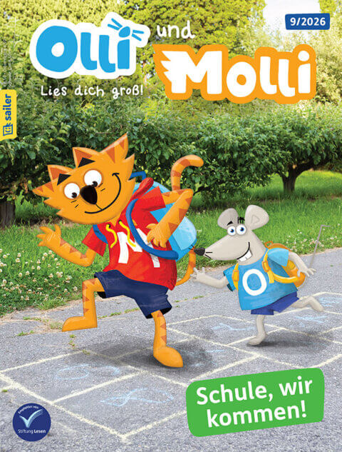 Das Cover der Zeitschrift 'Olli und Molli' zeigt eine Comic-Katze und eine Comic-Maus, die mit Rucksäcken auf dem Rücken auf einem Hopscotch-Spielplatz fröhlich springen. Im Hintergrund ist eine grüne Hecke zu sehen. Oben steht 'Olli und Molli' und es gibt ein Textfeld mit der Aufschrift 'Schule, wir kommen!'.