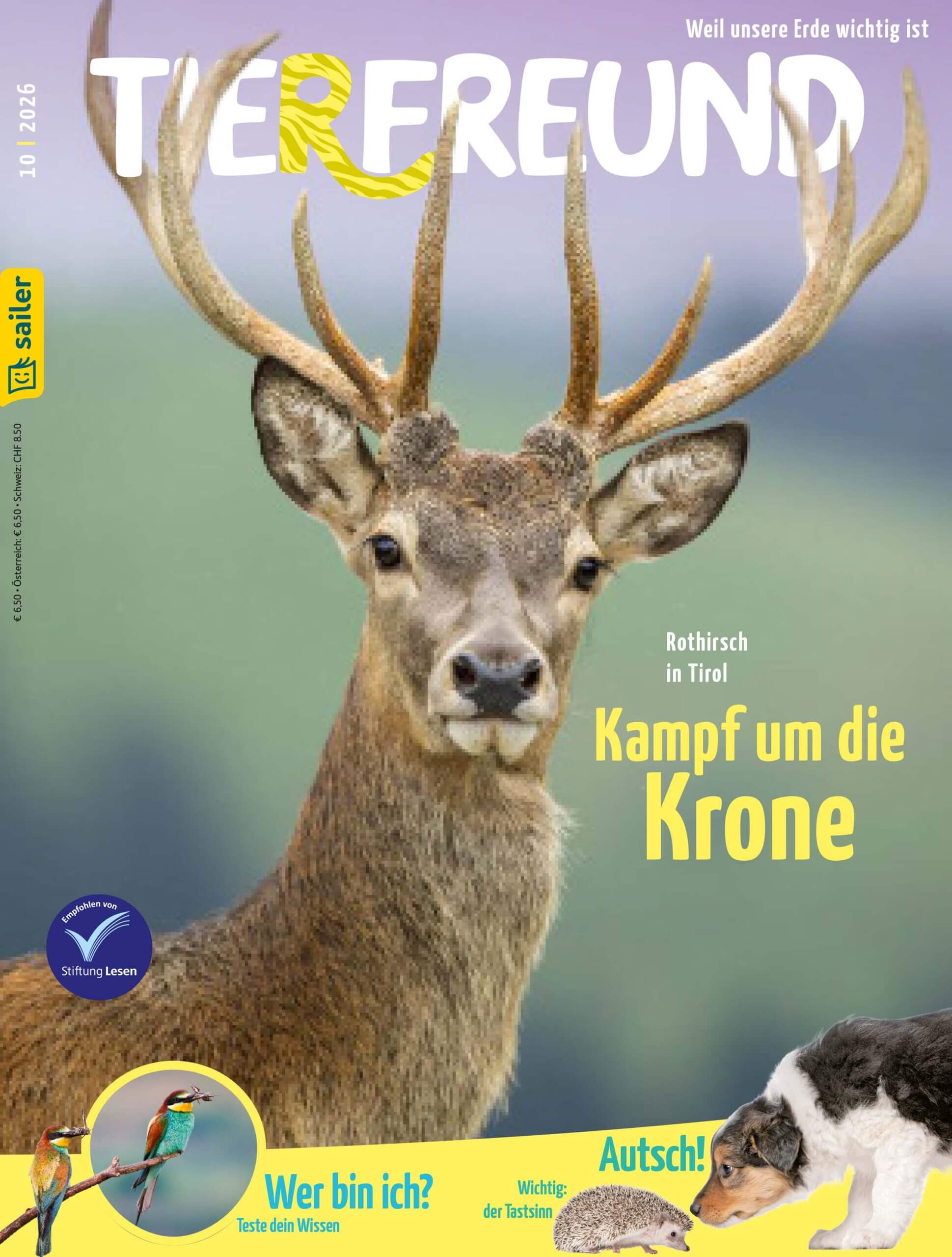Tirefreund Cover Oktober 2026 Cover der Zeitschrift 'Tierfreund', Ausgabe 09/2026, veröffentlicht vom Sailer Verlag. Im Zentrum des Covers ist ein Karakal in einer grasigen Umgebung abgebildet. Oben steht in großen Buchstaben 'Tierfreund'. Daneben der Text: 'Gut versteckt - Karakal in Indien'. Unten links ist ein Krokodil zu sehen mit der Überschrift 'Unbesiegbar - Das Sumpfkrokodil'. Unten rechts steht 'So riecht die Natur - Alles über Geruch und Duft'.