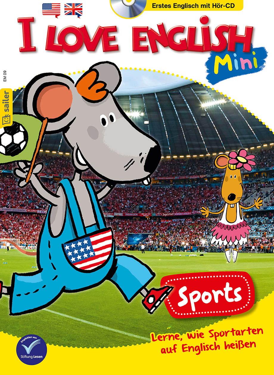 Ein Cover einer Kinderzeitschrift mit dem Titel 'I Love English Mini'. Ein Comic-Maus in blauer Latzhose mit einer Flagge der USA hechtet über ein Fußballfeld. Daneben steht eine weitere Maus in einem Ballettkostüm. Im Hintergrund ist ein volles Fußballstadion zu sehen. Text auf dem Cover: 'Sports - Lerne, wie Sportarten auf Englisch heißen'.