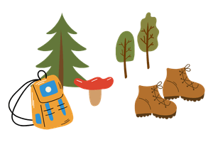 Illustration mit einem Rucksack, einem roten Pilz, einem großen Tannenbaum, zwei kleineren Bäumen und einem Paar Wanderschuhe.