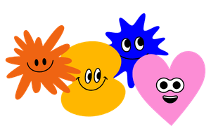 Vier bunte, cartoonartige Figuren. Von links nach rechts: eine orange, spitzige Figur mit einem Lächeln, eine gelbe, wolkenartige Figur mit freundlichen Augen, eine blaue sternförmige Figur mit großen Augen und eine rosa Herzfigur mit einem fröhlichen Gesicht. Die Figuren vermitteln einen fröhlichen und verspielten Eindruck.