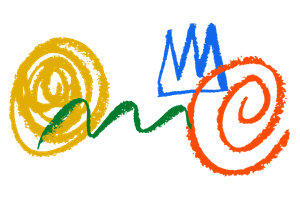 Buntes Logo mit zwei spiralförmigen, handgezeichneten Formen in Gelb und Rot. In der Mitte eine blaue, zackenförmige Struktur und eine grüne, wellenförmige Linie, die die Elemente verbindet.