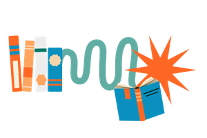 Illustration von mehreren Büchern in Orange, Weiß und Blau, die in einer Reihe stehen. Ein geschwungener grüner Pfeil verbindet sie mit einem geöffneten Buch, aus dem ein orangefarbener Stern hervorgeht.