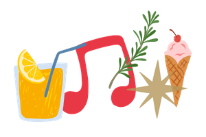 Illustration mit einem Glas Limonade mit Strohhalm und Zitronenscheibe, einer roten Musiknote, einem Zweig Rosmarin, einer Eistüte mit rosa Eis und Kirsche sowie einem goldenen, sternförmigen Dekor.