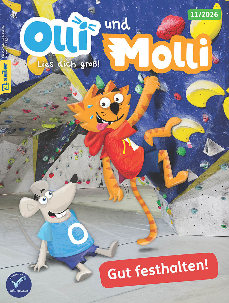 Illustration eines Kletternszenarios mit einer anthropomorphen Katze und einer Maus. Die Katze klettert an einer Kletterwand voller bunter Griffe und trägt einen roten Pullover. Die graue Maus sitzt auf dem Boden und trägt ein blaues T-Shirt mit einem großen 'O'. Am oberen Rand steht 'Olli und Molli' und 'Lies dich groß!'. Unten rechts befindet sich ein roter Schriftzug mit 'Gut festhalten!'.