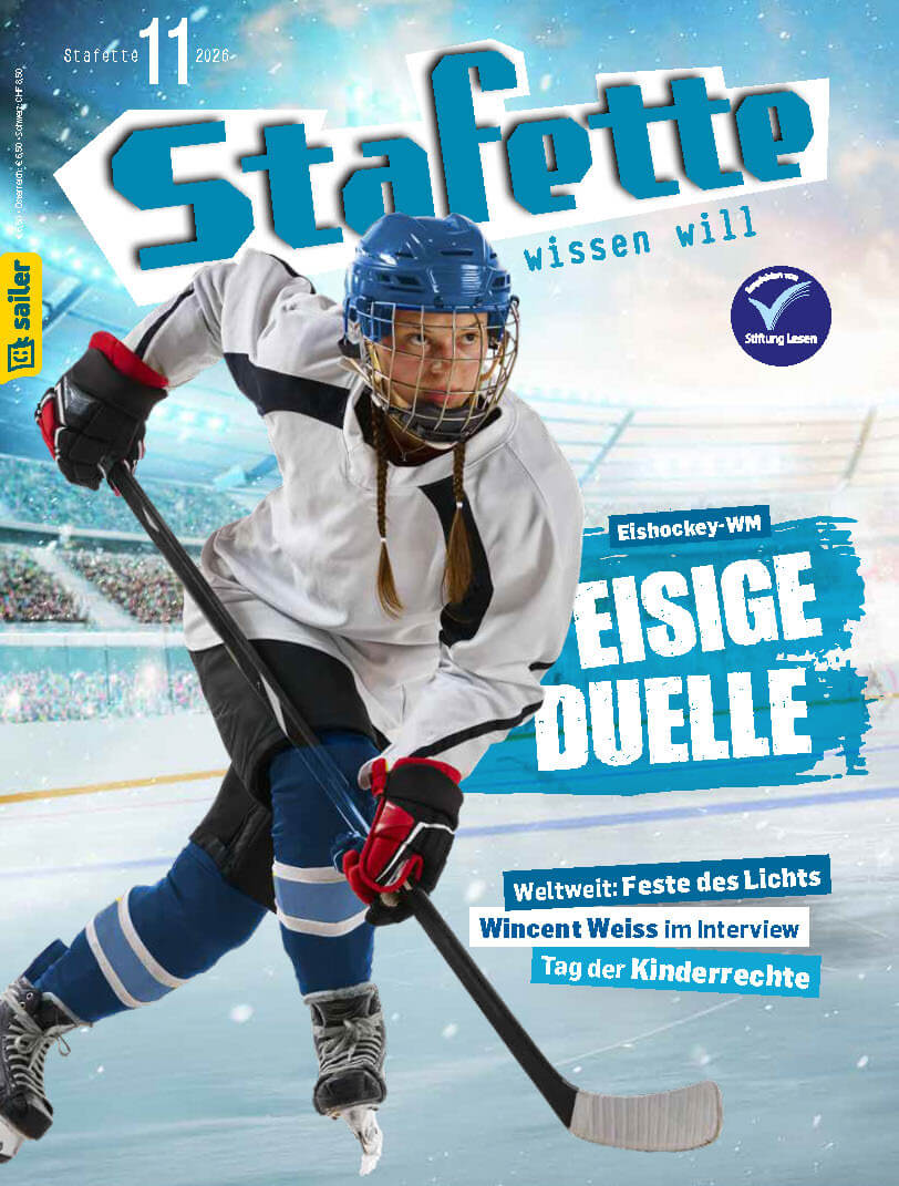 Stafette_11-2026_Cover Titelbild der Zeitschrift Stafette, Ausgabe 11/2026, mit einem jungen Eishockeyspieler in voller Ausrüstung auf dem Eis. Text: 'Eishockey-WM. Eisige Duelle. Weltweit: Feste des Lichts. Wincent Weiss im Interview. Tag der Kinderrechte.' Sailer Verlag Logo oben links.