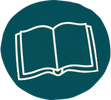Symbol eines offenen Buches auf einem dunkelgrünen Kreis.