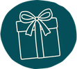 Icon eines stilisierten Geschenks auf einem dunkelgrünen Hintergrund. Das Geschenk ist mit einer einfachen Schleife versehen.